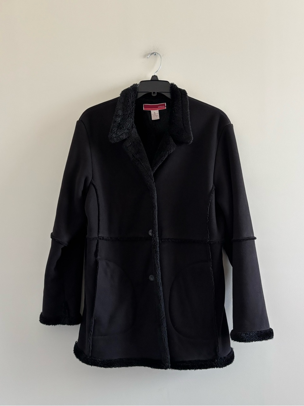 Vintage Merona Penny Lane Jacket Black Faux Suede Faux Fur Trim Womens XL Retro